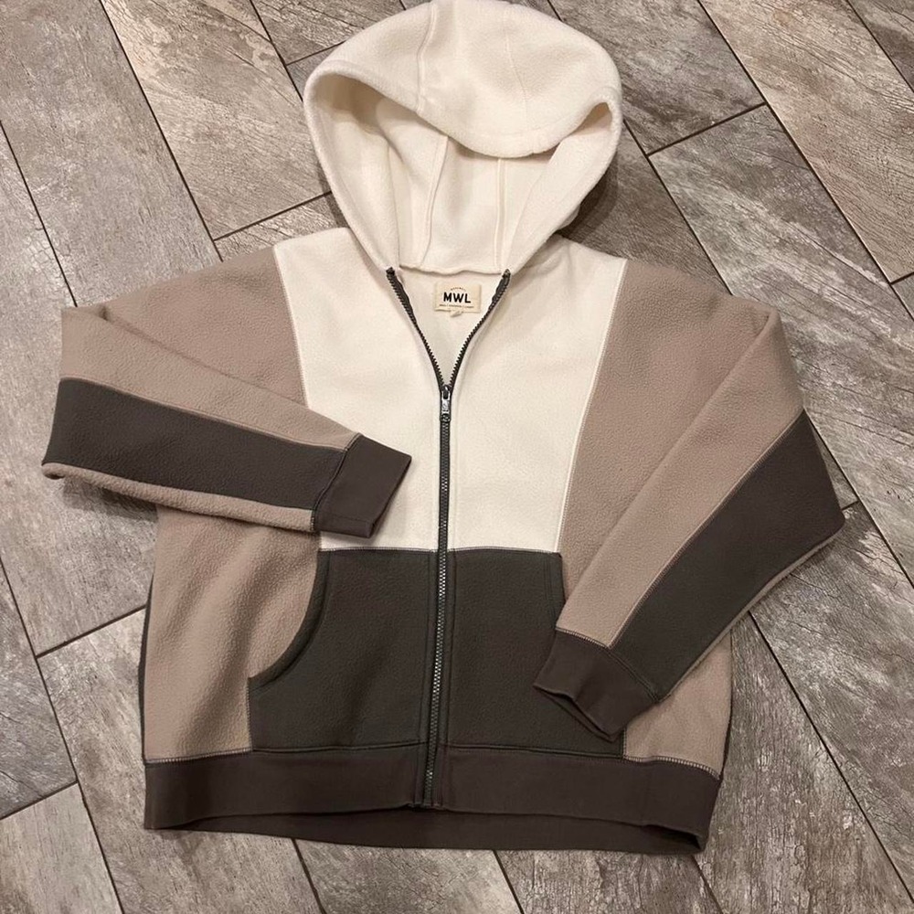 Madewell Brown & Cream Color Block Fleece Zip Hoodie Women's SZ Small